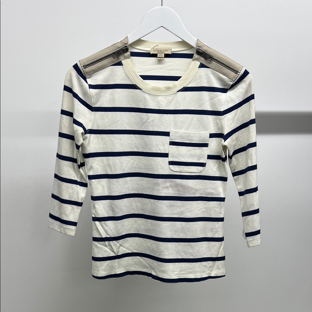 Burberry Navy Striped Tee with Shoulder Zippers